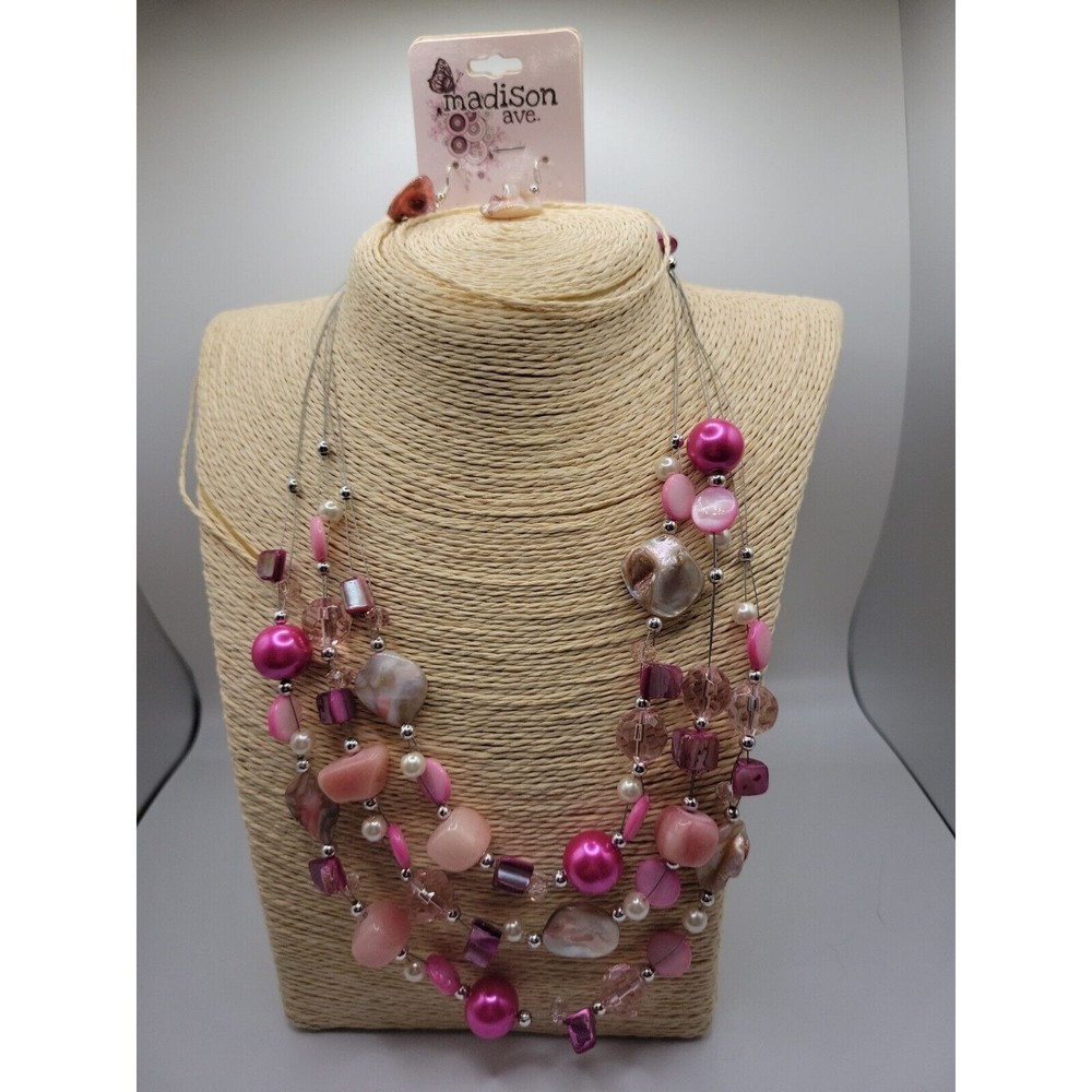 MADISON Ave Pink Rose Multistrand MOP Statement Silvertone Necklace Earrings NWT
